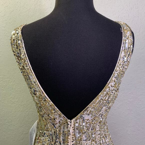 MAC DUGGAL 5018 Dress 2 Cassandra Stone Sequin Gown Plunging Neckline High Slit - Picture 10 of 16